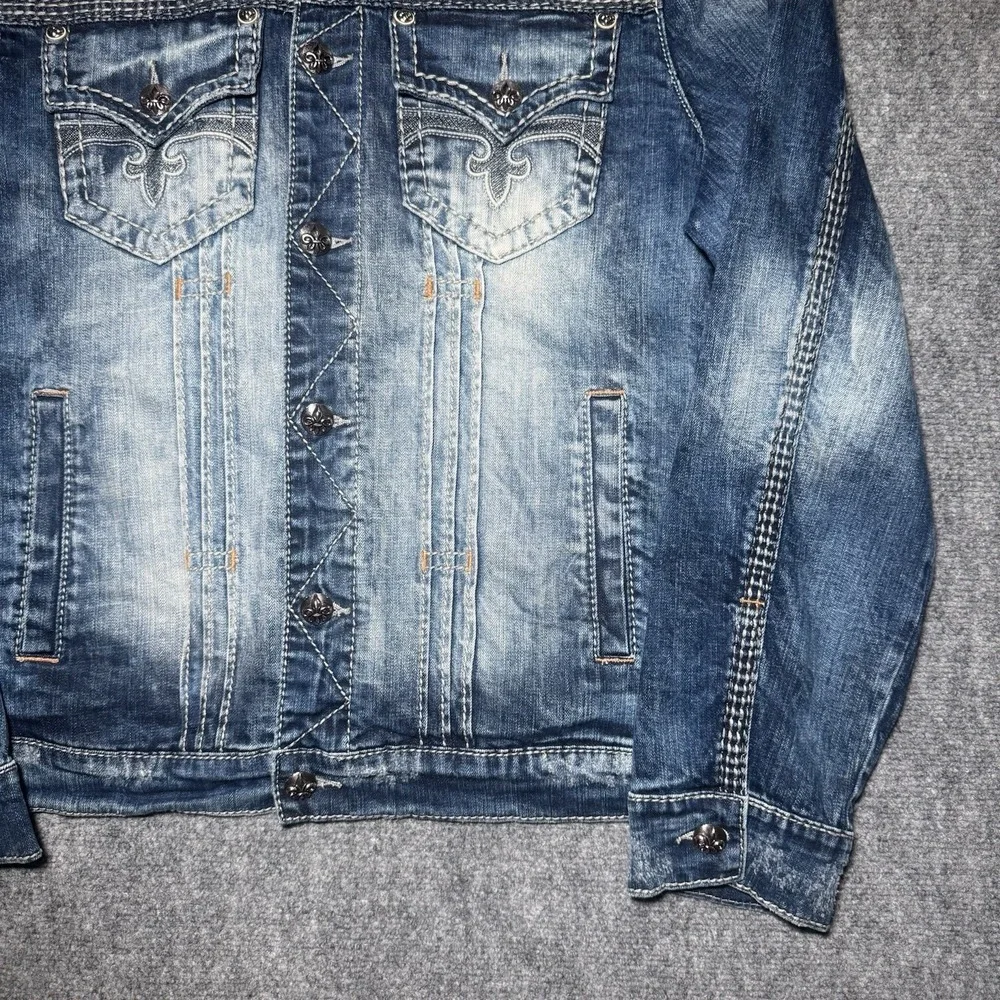 Rock Revival Men XL Jacket Blue Faded Denim Collar Grunge Y2K Biker Distressed